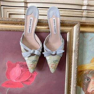 Viral Vintage Embroidered Manolo Blahnik Mules Green and Blue with Bow Size 40